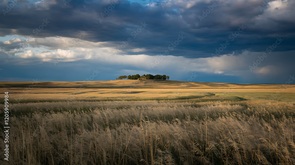 Fototapeta premium Vast prairie under dramatic skies, golden grass fields, solitary hill with ancient trees, and contrasting sunlight and storm clouds