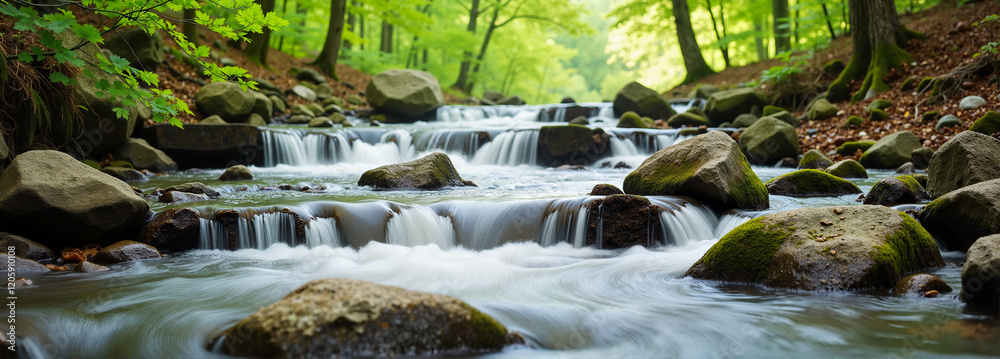 Fototapeta premium Flowing stream with smooth rocks in a lush green forest