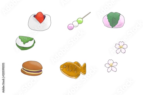 set of Japanese sweets(春の和菓子セット桜餅三色団子苺大福柏餅どら焼きたい焼き桜手書き風イラスト)