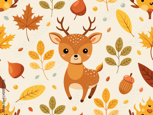 Cute Cartoon Deer Autumn Pattern with Acorns and Maple Leaves