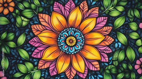 Vibrant Floral Mandala with Intertwining Petals and Leaves in Saturated Colors