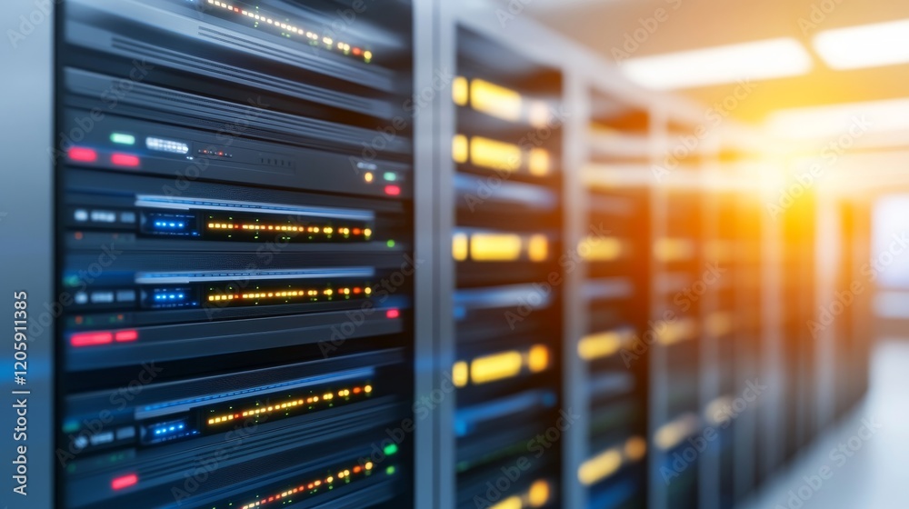 Wide-angle view of a server room filled with neatly arranged server racks glowing in blue and red lights, showcasing intricate cable patterns and ample copy space Wide-angle view of a server room filled with neatly arranged server racks glowing in blue and red lights, showcasing intricate cable patterns and ample copy space