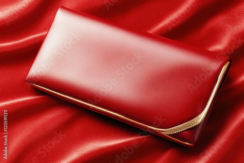 Richly colored red leather clutch, featuring sophisticated gold accents, rests gracefully on a plush velvet backdrop in complementary red tones. photo