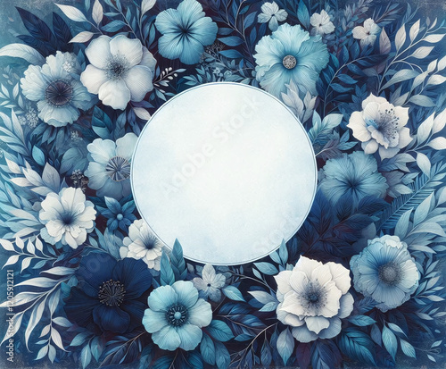 Elegant Blue Floral Wreath with a Blank Circle Center