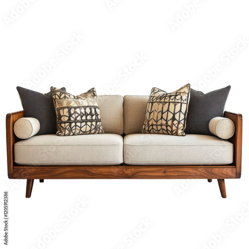 Modern sofa boasts a sleek wooden frame and soft, comfortable upholstery. isolated on white, transparent background.