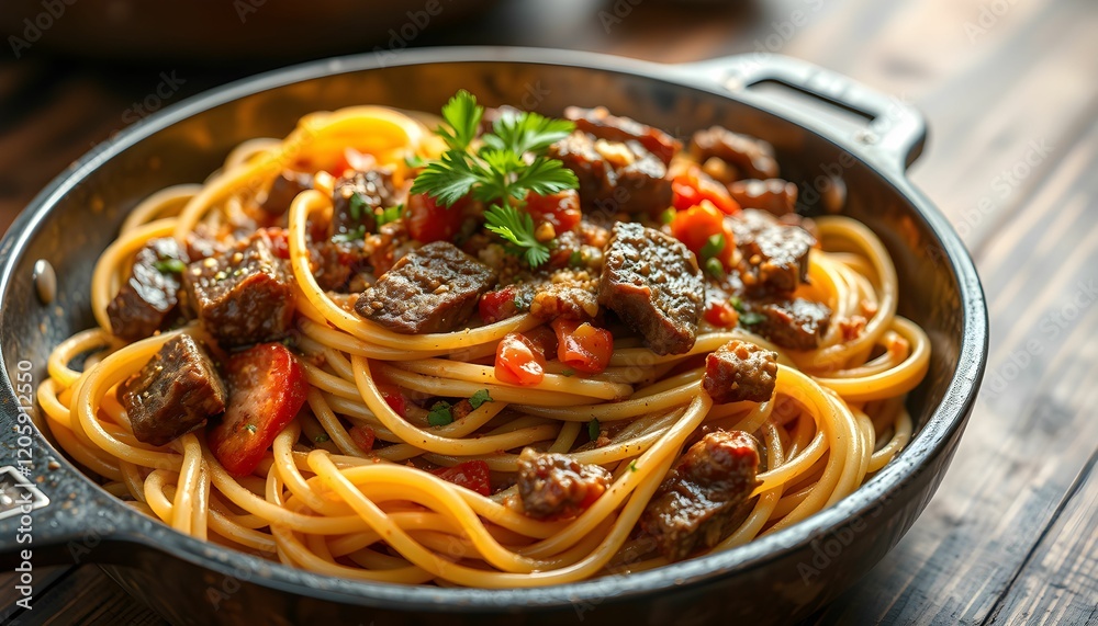 Italian cuisine, spaghetti bolognese, cast iron skillet, rustic presentation, hearty meat sauce, vibrant tomatoes, generative ai Italian cuisine, spaghetti bolognese, cast iron skillet, rustic presentation, hearty meat sauce, vibrant tomatoes, generative ai