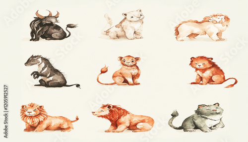 Cute watercolor illustrations of Chinese zodiac animals arranged grid. animals include bull, cat, lion, horse, goat, monkey, rooster, dog, and pig, showcasing their unique features and expressions