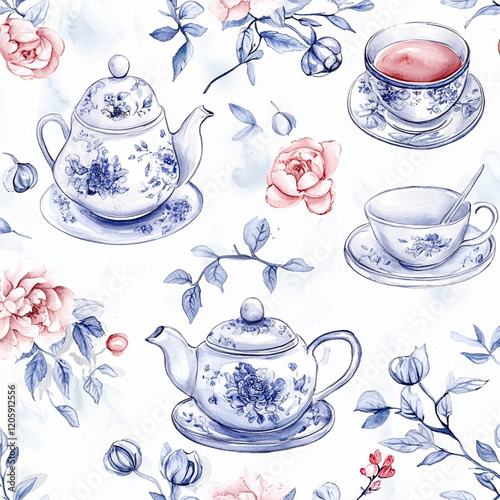 seamless watercolor pattern featuring vintage tea sets, delicate flowers, and soft pastel colors. This charming design evokes sense of elegance and tranquility
