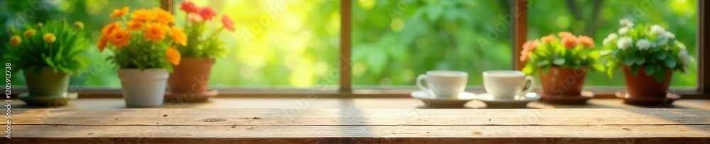 Wooden coffee table in front of a blurred summer window with a colorful flower pot and lush greenery behind, soft focus, flower pot, indoor scene Wooden coffee table in front of a blurred summer window with a colorful flower pot and lush greenery behind, soft focus, flower pot, indoor scene