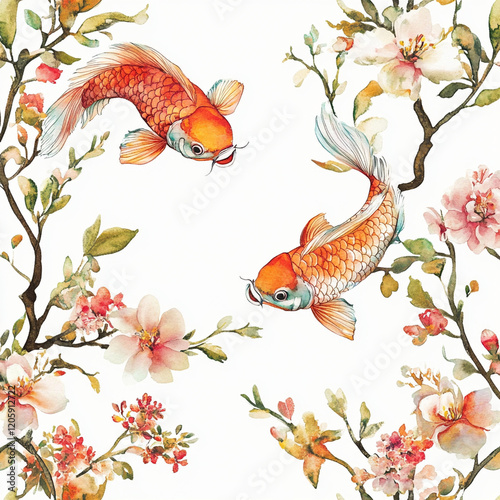 beautiful seamless watercolor pattern featuring koi fish and blooming flowers, creating serene and vibrant atmosphere. Perfect for various design projects