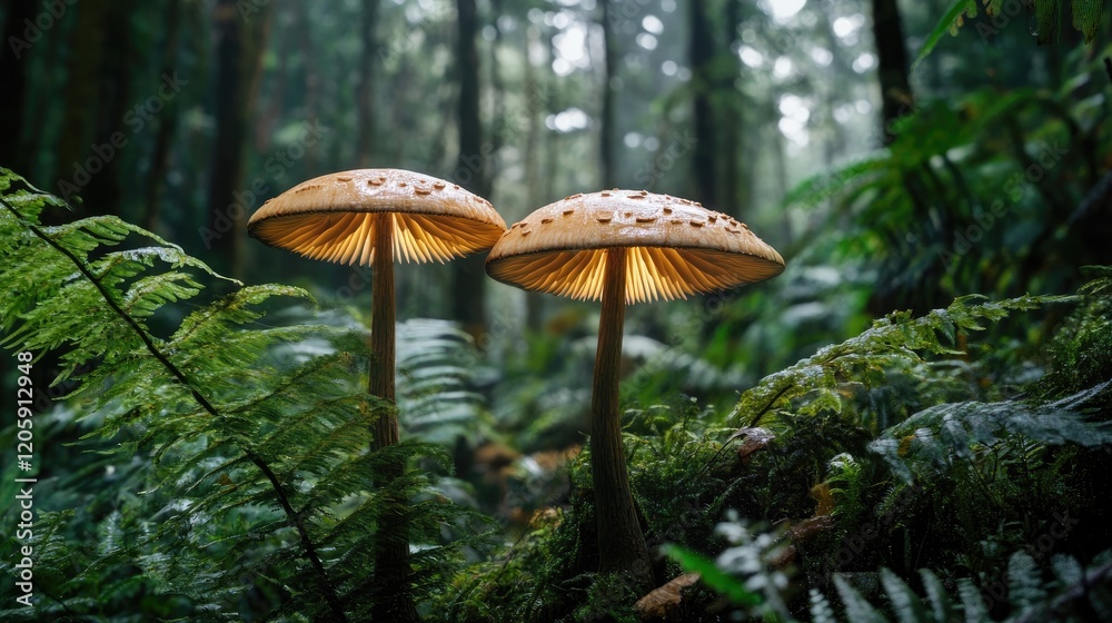 Glowing Mushrooms In A Lush Forest Setting Glowing Mushrooms In A Lush Forest Setting
