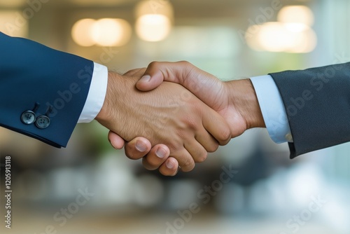 Aperto de mãos entre dois homens em trajes formais dentro de um escritório moderno com fundo desfocado, criado com IA generativa.