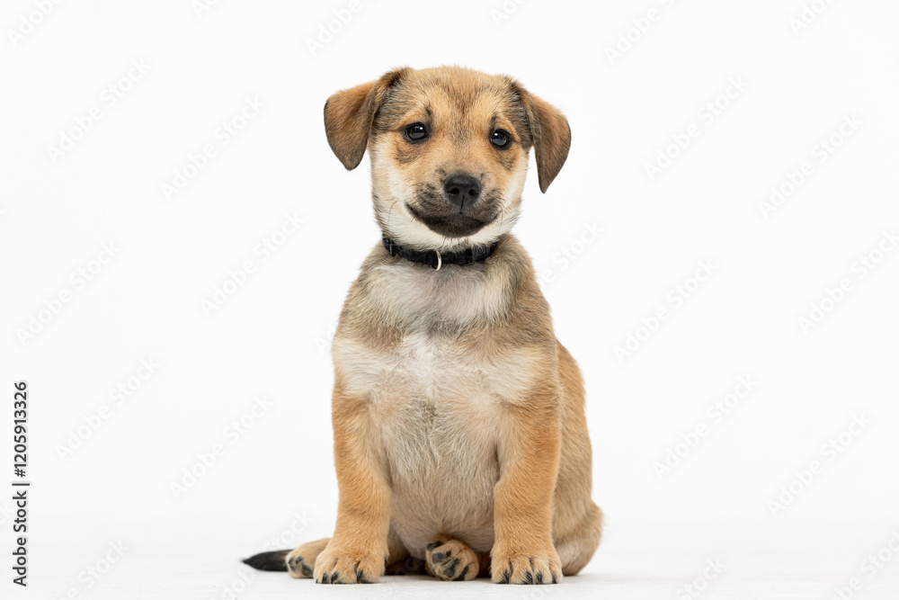 An Adorable Puppy Sitting Cute and Playful on a Bright White Background with Friends An Adorable Puppy Sitting Cute and Playful on a Bright White Background with Friends