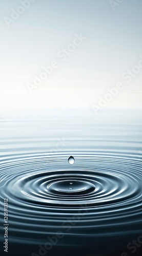 1w Clear water surface with a single droplet falling into it, creating ripples that spread outward in perfect circular waves