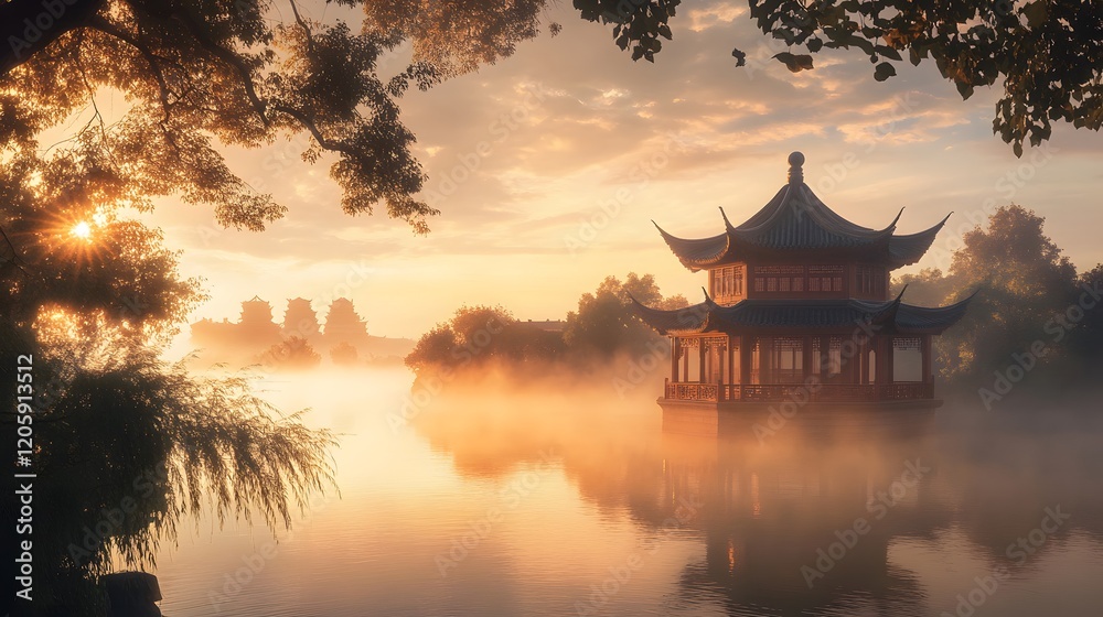 Serene Sunrise Over Misty Lake With Pagoda Serene Sunrise Over Misty Lake With Pagoda