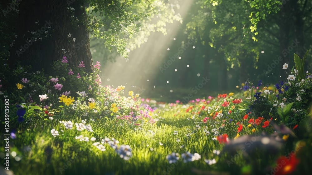 Obraz premium Sunlit Forest Meadow Abundant With Colorful Flowers