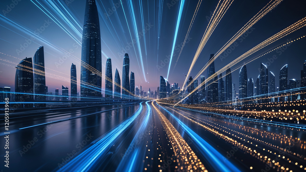 Fototapeta premium Light trails illuminating a futuristic metropolis at dusk, symbolizing speed and progress