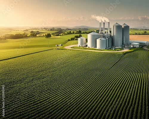 Hightech biomass energy plant surrounded by agricultural fields, green industries, renewable bioenergy solutions