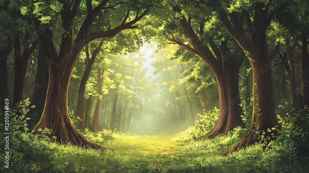 Obraz premium A Sunlit Path Through a Lush, Green Forest