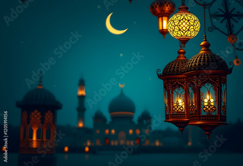 Glowing Ramadan Lanterns Mosque Night Scene photo