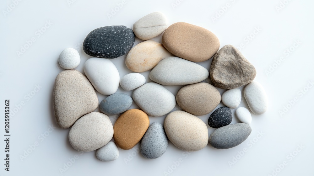 Mix of smooth, colorful pebbles on white background Mix of smooth, colorful pebbles on white background