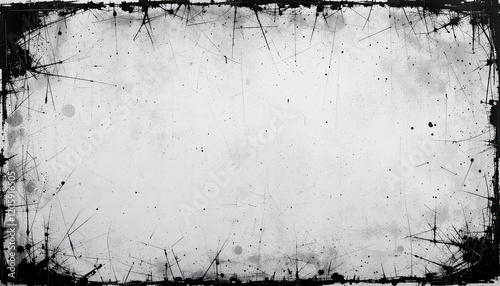 : Black and white scratched paper background resembling an old newspaper, with faded and distressed edges, providing a vintage, nostalgic effect for creative design projects photo