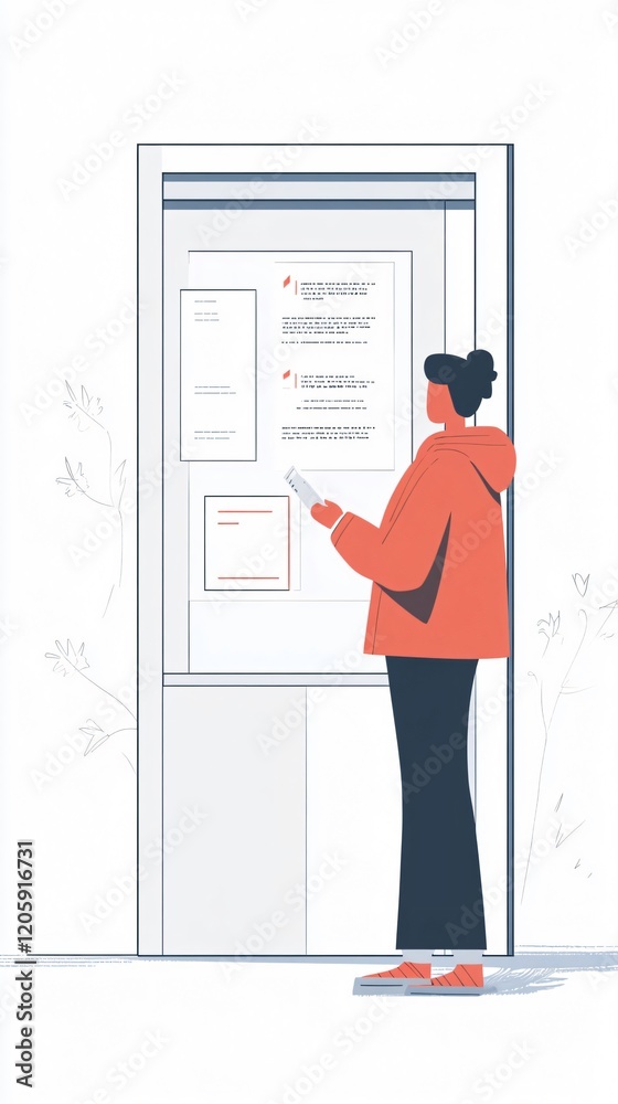 Obraz premium Woman Reading Notices on a Board: Staying Informed in the Community