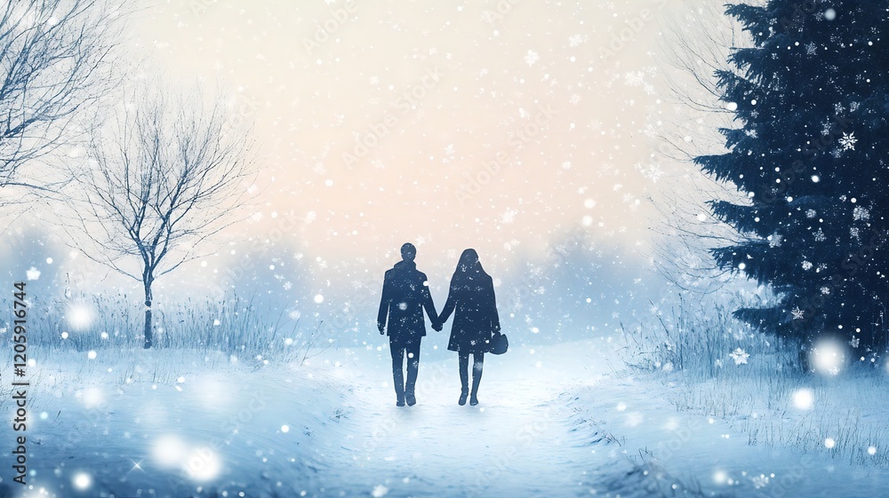 Couple Walking Through a Snowy Winter Wonderland