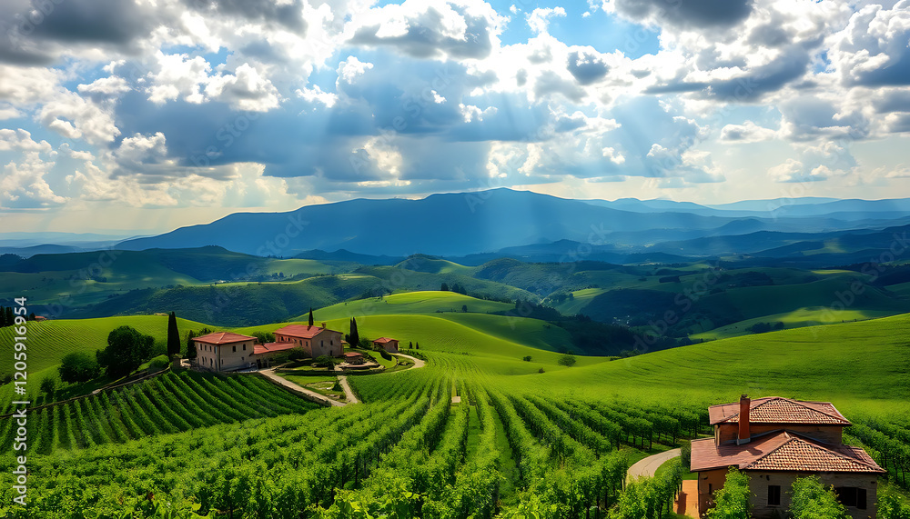Naklejka premium Scenic Tuscan Countryside with Rolling Hills and Vineyards
