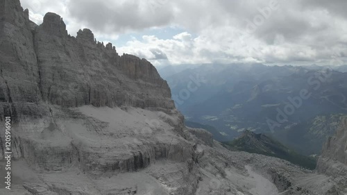 Aerial footage of Sentiero Alfredo Benini from Castelletto Superiore to Bocca di Tuckett in the Brenta Dolomites, showcasing rugged limestone cliffs, exposed ridges, and stunning alpine scenery. photo