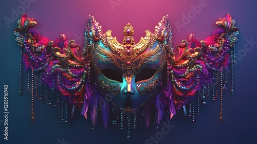 Ornate Fantasy Carnival Mask with Feathers Beads and Jewelry