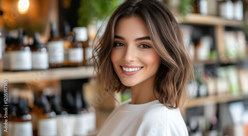 A young woman with a bright smile stands in a beauty store filled with wellness products. The inviting ambiance creates a warm and friendly shopping experience.