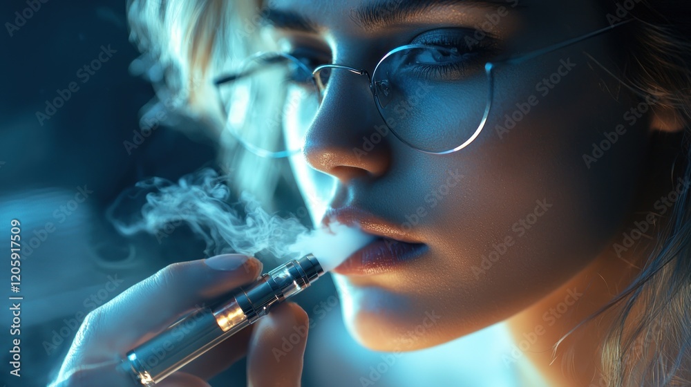 Fototapeta premium E-cigarette, Vapor, Smoke, Woman, Closeup, Modern, Blue Light, Portrait, Stylish, Glasses, Vape, Health, Night, Studio, Fashion, Beauty, Glamour, Mysterious, Intense