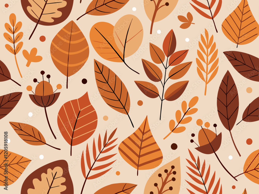 Fototapeta premium Minimalist Autumn Pattern with Stylized Leaves and Berries