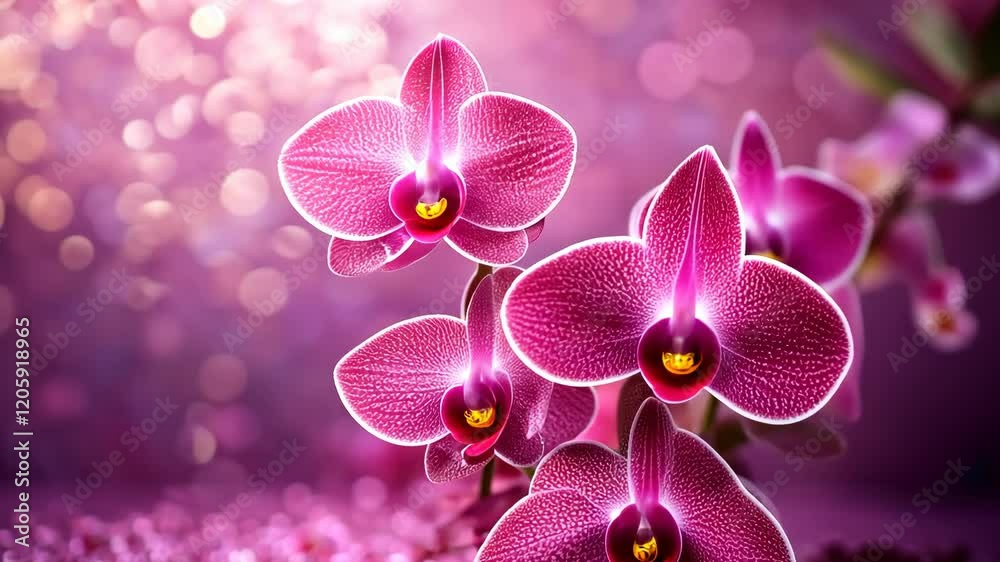 Vibrant pink orchids bloom under soft purple lighting in a serene indoor garden setting