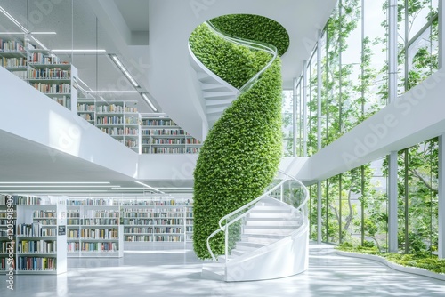 A library with green moss growing on the walls, A white library building has an indoor circular staircase in the center