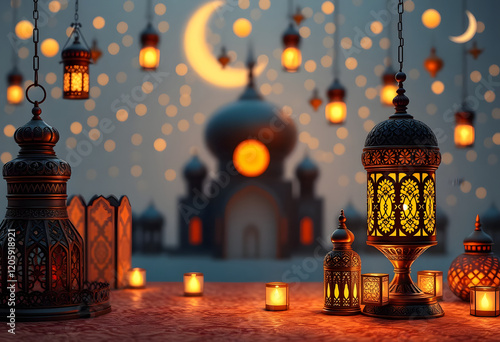 Ramadan Festive Lanterns Mosque Night Scene photo