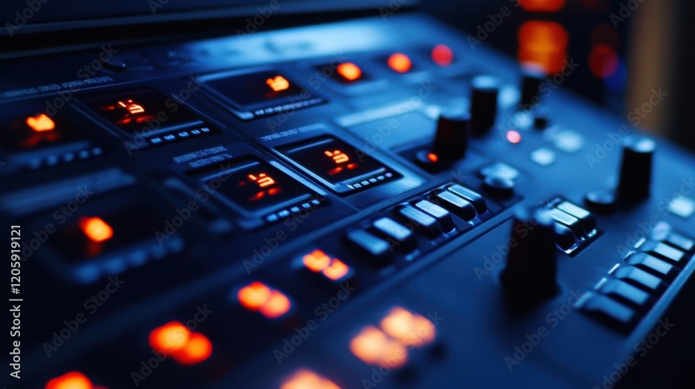 Complex control panel featuring numerous illuminated buttons, dials, and digital displays, suggesting advanced machinery or equipment within a manufacturing environment Complex control panel featuring numerous illuminated buttons, dials, and digital displays, suggesting advanced machinery or equipment within a manufacturing environment