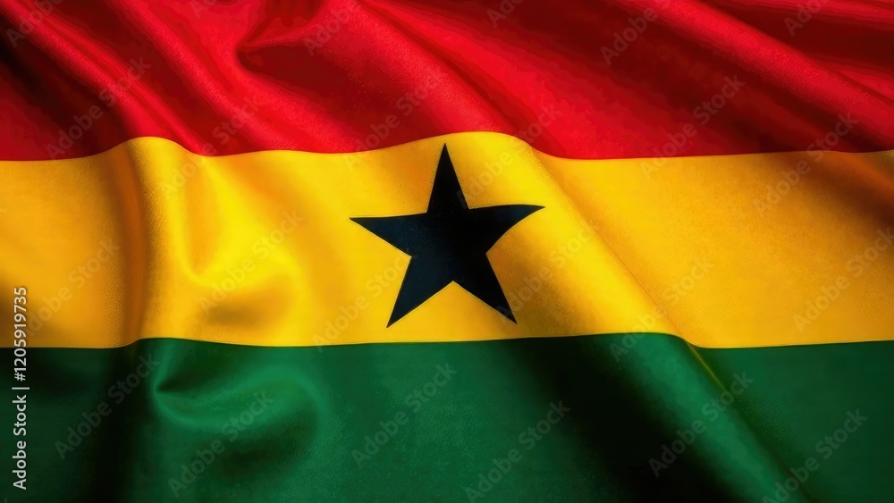 Ghana flag with red, yellow, green stripes and a star in the center, fluttering fabric, symbolizing national pride, heritage and unity. Independence Day Ghana Ghana flag with red, yellow, green stripes and a star in the center, fluttering fabric, symbolizing national pride, heritage and unity. Independence Day Ghana