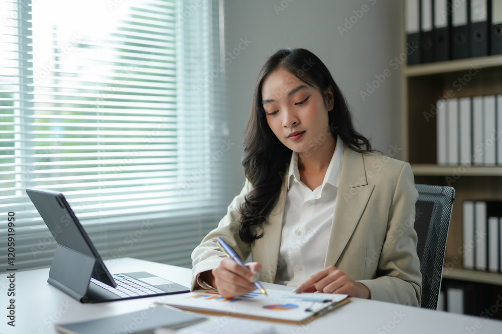 Businesswoman analyzing financial charts and working on tablet in office Businesswoman analyzing financial charts and working on tablet in office