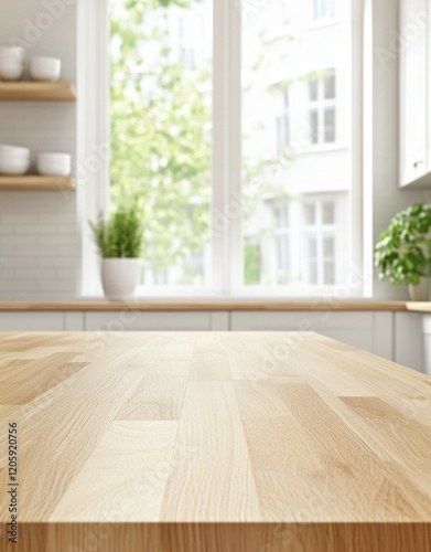 Empty butcher block countertop in a Scandinavian-style kitchen with light wood cabinetry and natural light