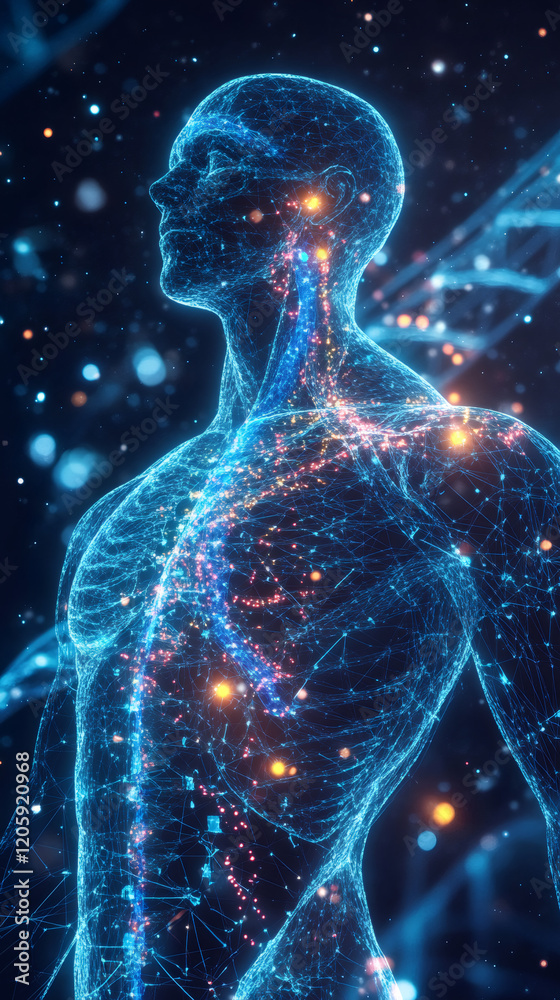Plexus representing human body systems with glowing energy particles flowing through nerves and DNA strands in dark outer space Plexus representing human body systems with glowing energy particles flowing through nerves and DNA strands in dark outer space