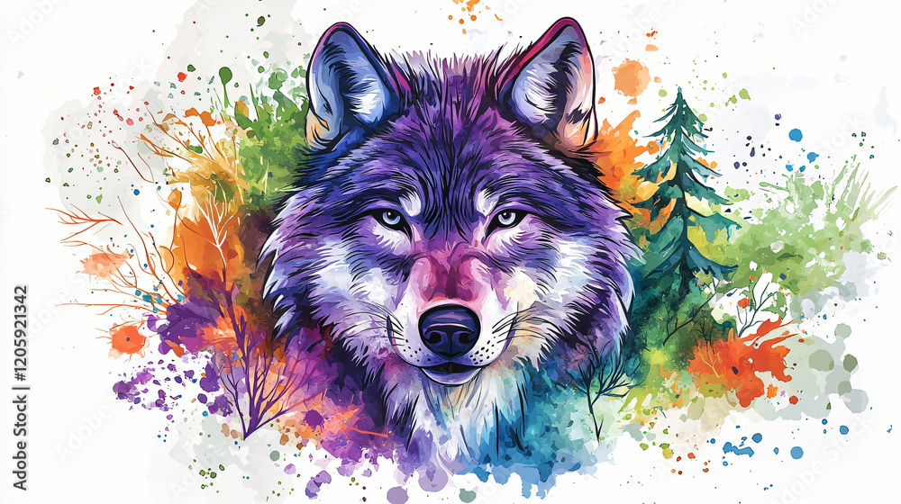 A bold watercolor wolf face with expressive purples and blues, surrounded by colorful splashes and stylized green and orange trees. A bold watercolor wolf face with expressive purples and blues, surrounded by colorful splashes and stylized green and orange trees.