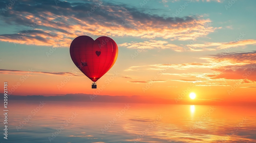 Obraz premium Heart Shaped Hot Air Balloon Drifting at Sunset Over Serene Lake Reflection