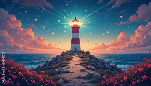 lighthouse at night, dramatic sky, lighthouse beam, colorful aurora, starry night, rocky island, ocean waves, atmospheric lighting, digital painting, fantasy landscape, cosmic scene, vibrant colors, 