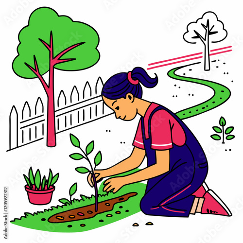 Cultivating the Future: A Young Gardener's Commitment: A young girl diligently plants a sapling, her focused expression reflecting her dedication to nurturing life, framed by a vibrant outdoor garden.