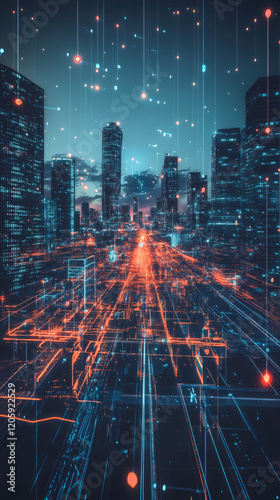 Data streams flowing over Los Angeles skyline at dusk, creating a futuristic cityscape visualization