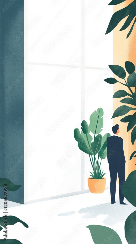 Obraz premium Businessman Contemplating in Modern Office with Indoor Plants and Natural Light