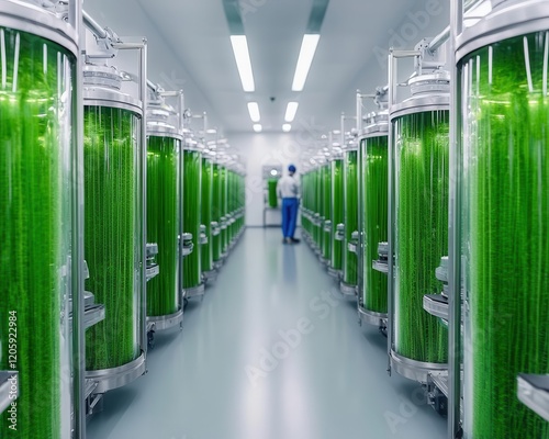 Algae reactors in a cuttingedge pharmaceutical research facility, green drug, biobased medicine innovation photo