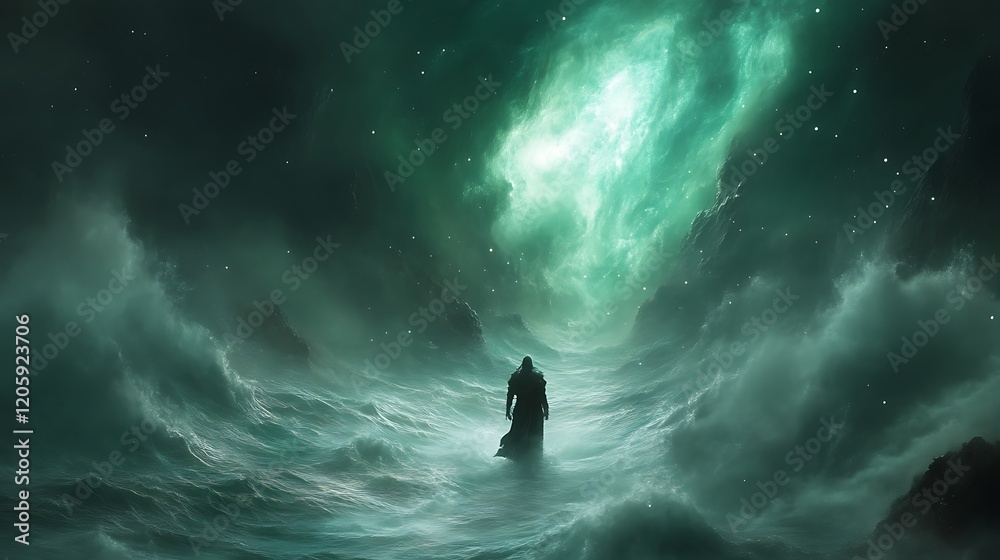 A lone figure walks towards a celestial green nebula A lone figure walks towards a celestial green nebula